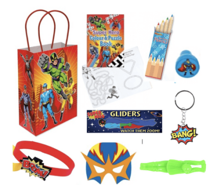 A gift bag filled with superhero-themed party items and stationery.