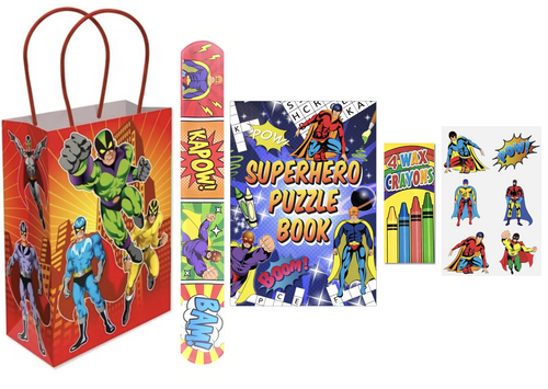 Superhero-themed gift bag with a puzzle book, stickers, and a blowout.