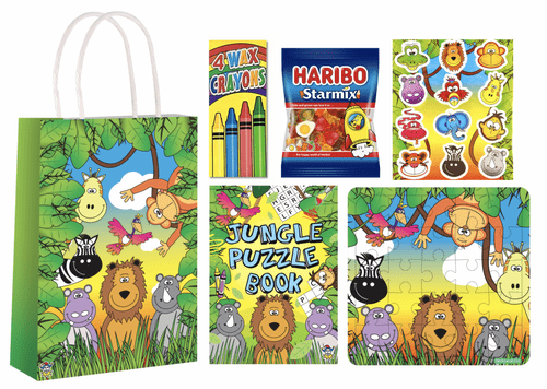 Colourful children's activity pack featuring a bag, puzzle book, and crayons.