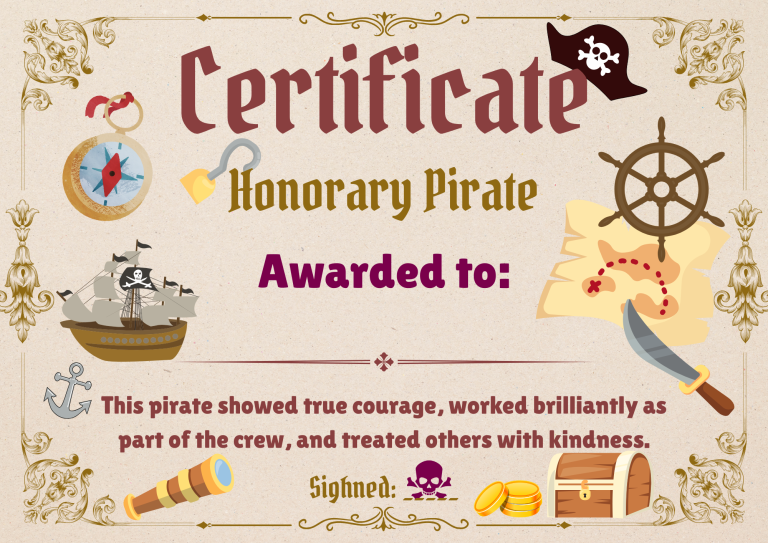 Certificate awarding honorary pirate status for courage and teamwork.