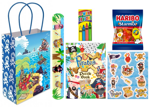 A colourful pirate-themed gift bag with stickers, crayons, and sweets.