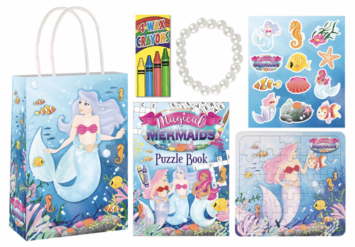 Mermaid-themed gift bag with stickers, puzzle book, crayons, and decorative accessories.