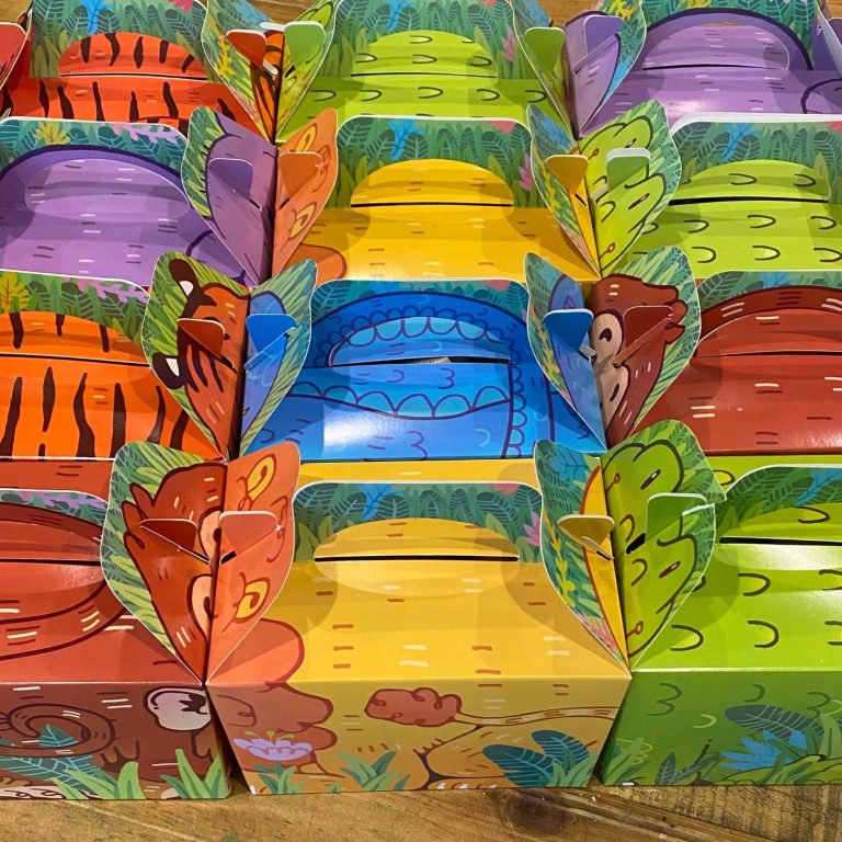 Colourful animal-themed lunch boxes in a playful, vibrant arrangement.